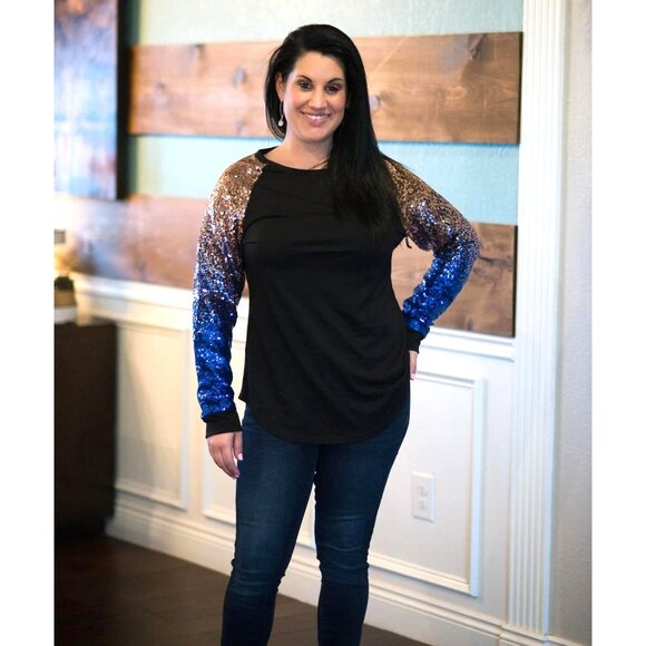 Shine Bright Raglan Sequin Sleeve Knit Top Size S Shirt Tunic Evening Party - Picture 8 of 8